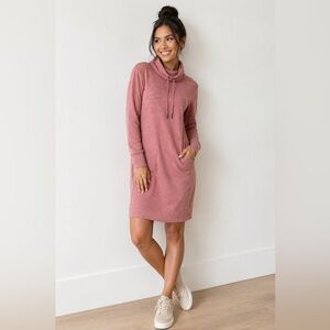 Prana Sunrise Dress Women’s Large  Pink Cowl Neck Long Sleeve Pockets Athleisure